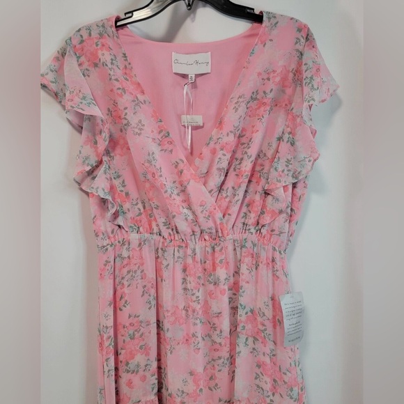 Charles Henry Ruffle Sleeve Floral Faux Wrap Dress In Pink Blossom Size M - Picture 2 of 6